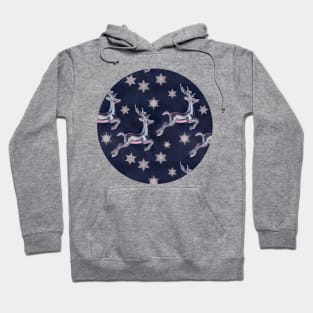 Silver Snowflakes & Happy Reindeer in Navy Blue & Pink Hoodie